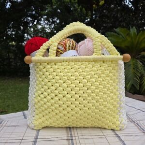 Large Knitting Project Bag Yarn Tote Crochet Sewing Handmade Yellow & White